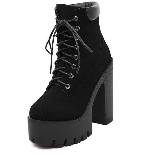 Platform Ankle Boots Women Lace Up Thick Heel Martin Boots Ladies Worker Boots Black Size 35-39