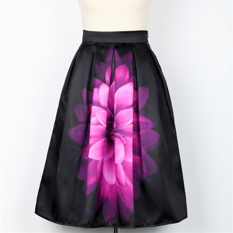 Online discount shop Australia - Audrey Hepburn Vintage Retro Fantasy Purple Flower Floral Print High Waist Pleated Midi Skirt Black Saias