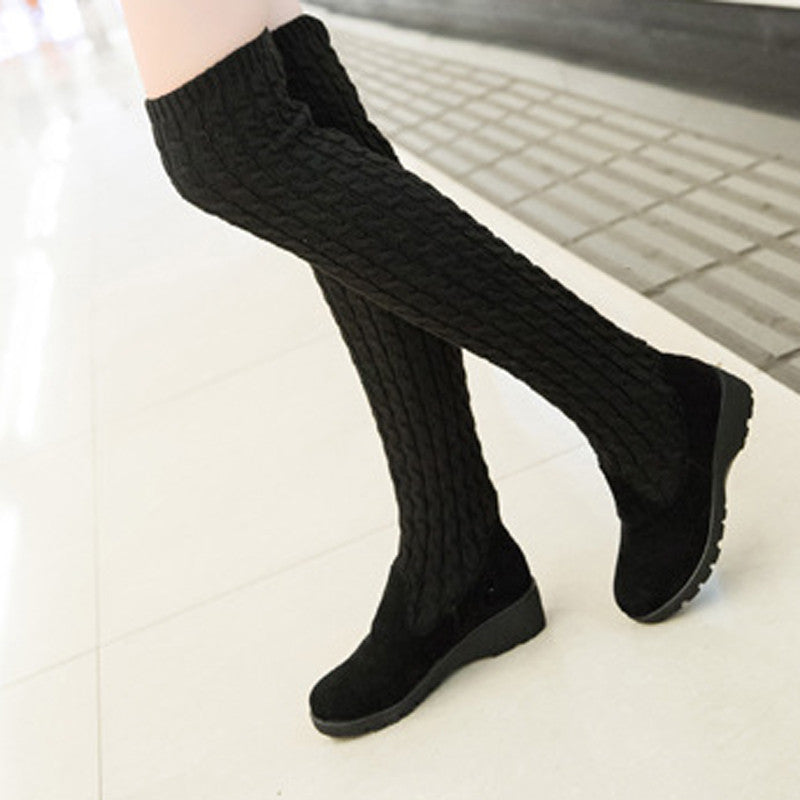 Women Boots Ladies Fashion Flat Bottom Boots Shoes Over The Knee Thigh High Knitting wool Long Brand Boots
