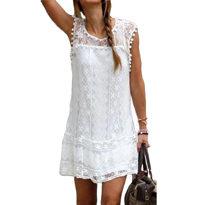 Summer Dress Women Casual Sleeveless Mini Dress Tassel Solid White Black Lace Dress Beach Plus Size Solid Vestidos