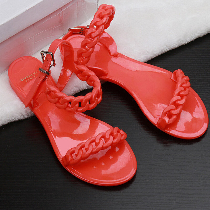 Online discount shop Australia - Flip flops new plastic chain beach shoes candy color jelly sandals chain flat bottomed out sandals Shoes women