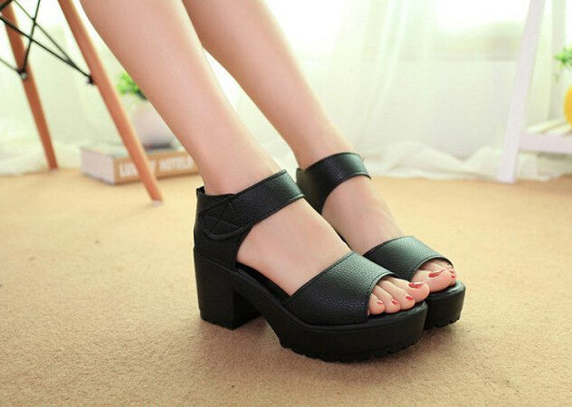 Pep-toe Woman Sandals,Platform Thick Heel Women Shoes Hook & Loop All Match Shoes For Ladies 835