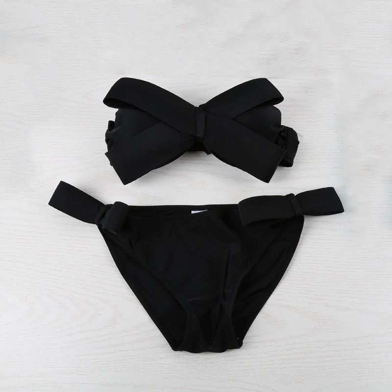 Women Black Swim Wear Solid Swimwear Brazilian Bikini Big Bow Bandeau Beach Wear Halter Swimsuit Push Up Bathing Suit