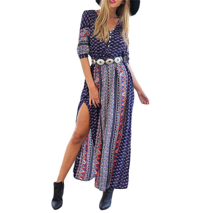 Online discount shop Australia - Bohemia Boho Print Long Beach Dresses Women Navy V Neck Half Sleeve Vintage Print Split Maxi Dress