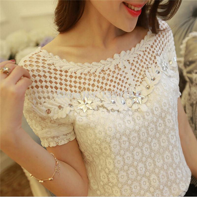 Women Lace Shirt Top Beaded Embroidery Floral Neck Long Sleeve Hollow Out Crochet Chiffon Blouse