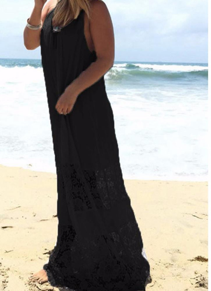 Summer Style Beach Dress Women Casual Loose Blackless Solid Patchwork Lace Straps Long Maxi White Dress Vestidos