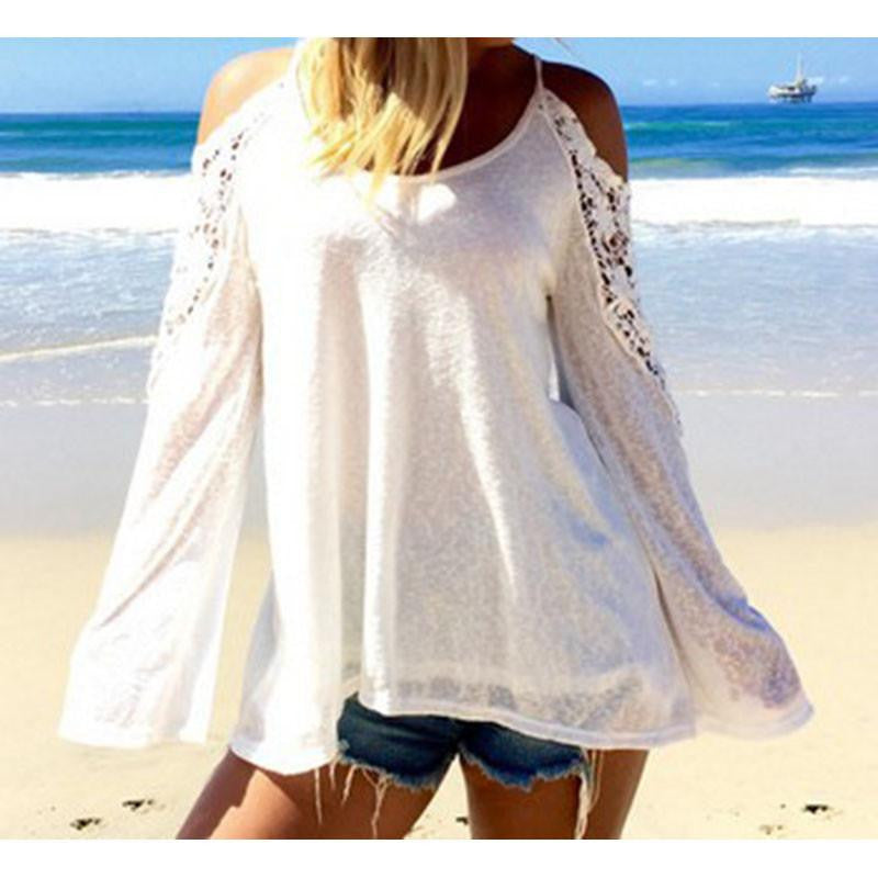 Women Blouses Off Shoulder Loose Lace Blouse Long Sleeve Beachwear Plus Size XS-6XL