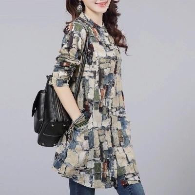 Women Shirts Linen Women Tops Long Sleeve Shirt Women Tribal Print Blouses Long Tunic Tops Female Clothing