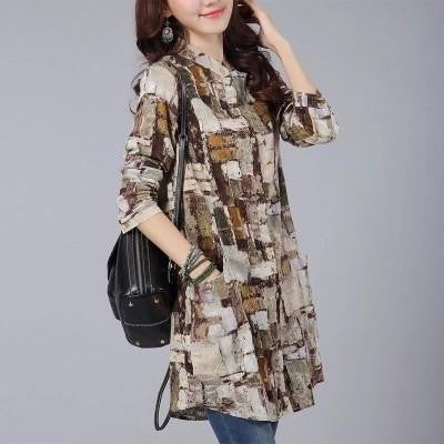 Women Shirts Linen Women Tops Long Sleeve Shirt Women Tribal Print Blouses Long Tunic Tops Female Clothing