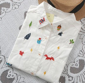 Online discount shop Australia - Embroidered collar color white cotton long sleeve shirt women blouse ladies office shirts