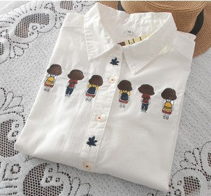 Online discount shop Australia - Embroidered collar color white cotton long sleeve shirt women blouse ladies office shirts