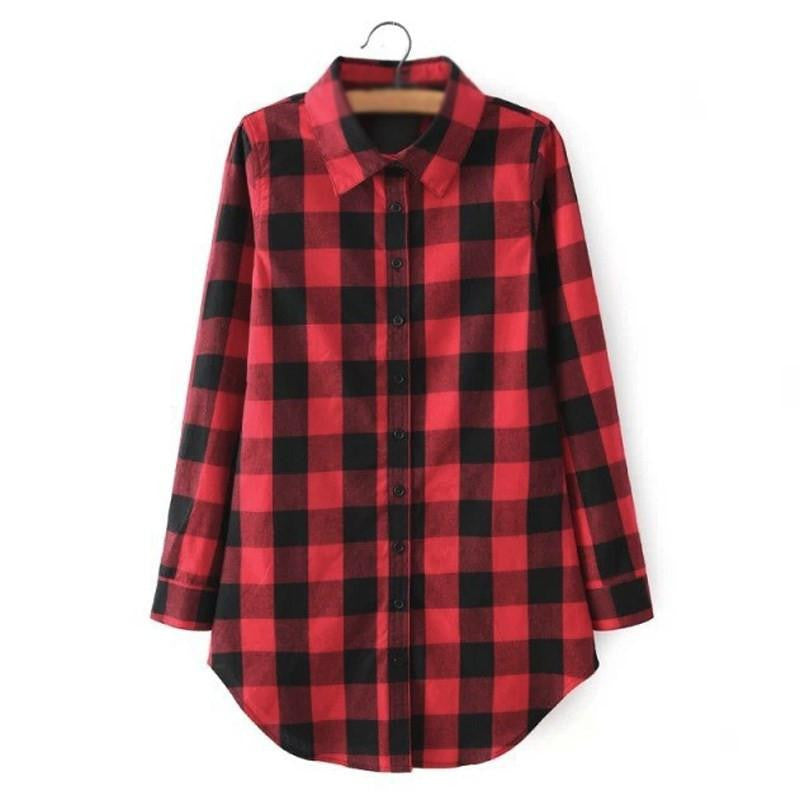 Women Long Blouse Plaid Print Shirt Single Breasted Cotton Shirt Wild Casual Streetwear Shirt