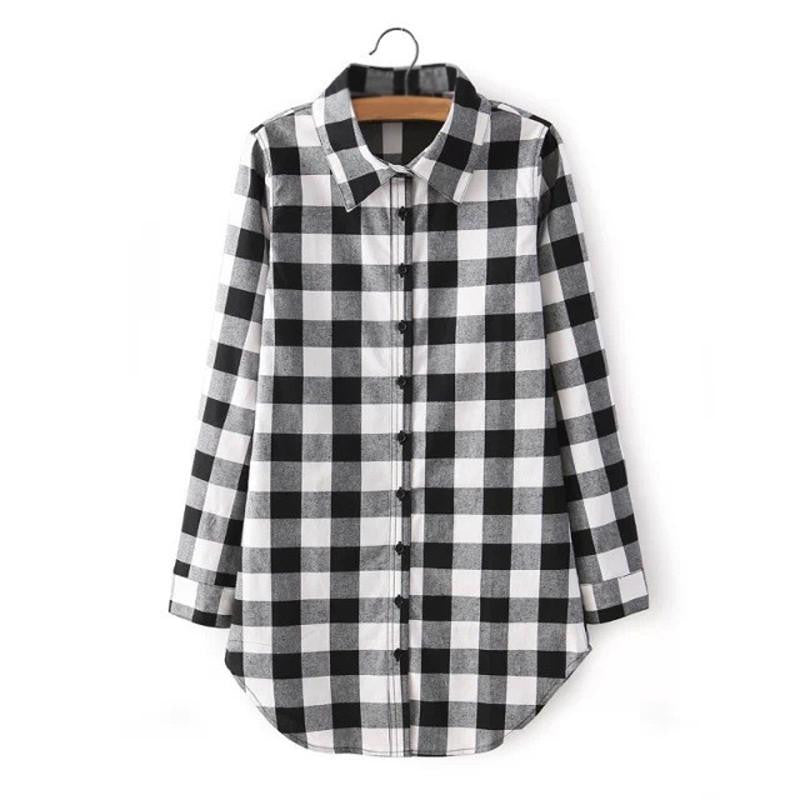 Women Long Blouse Plaid Print Shirt Single Breasted Cotton Shirt Wild Casual Streetwear Shirt