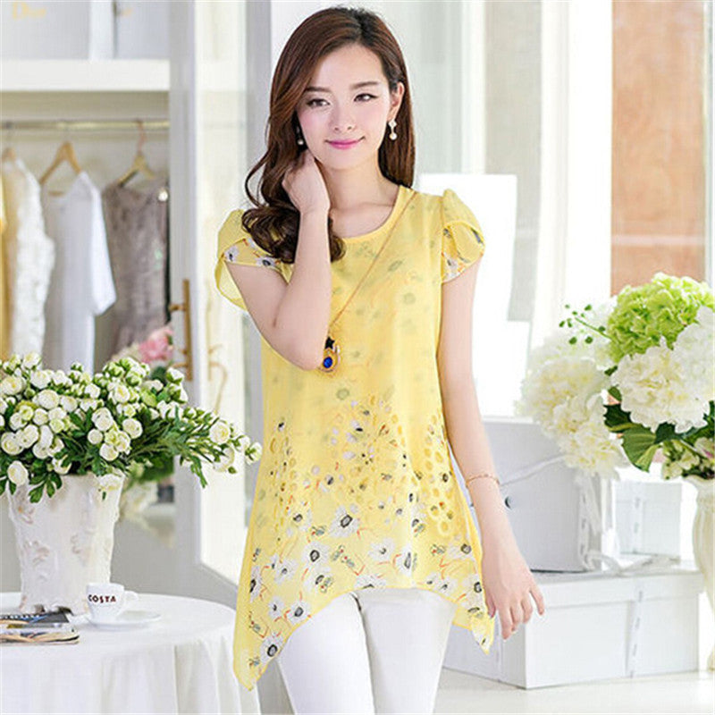 Online discount shop Australia - Elegant Women Floral Print Long Tops Asymmetric Hem Chiffon Blouse Tee Shirt Plus Size M-XXXL