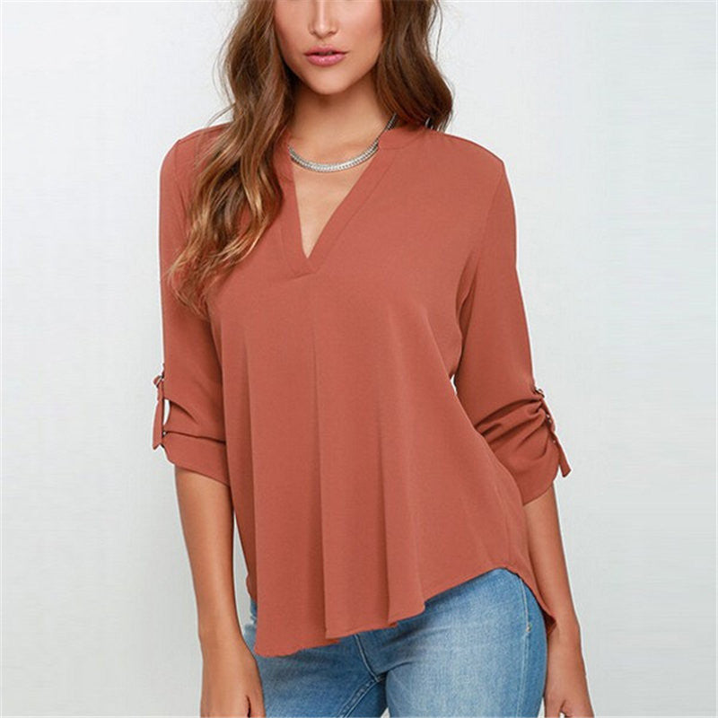 Online discount shop Australia - Fashion Women Long Sleeve V Neck Chiffon Blouse Shirts Casual Loose Solid Color Tops Lady OL Work Wear  Plus Size