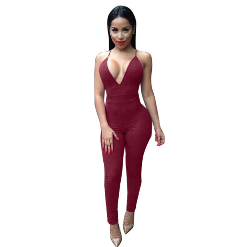 jumpsuit deep V neck Women sexy cross back strappy bodysuit overall bandage backless Jumpsuit green