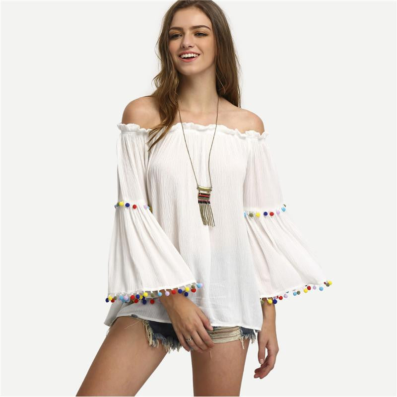 Sheinside Off The Shoulder Colored Pompom Trim Tops Ladies Flare Sleeve Shirt Women Casual Cute White Blouse