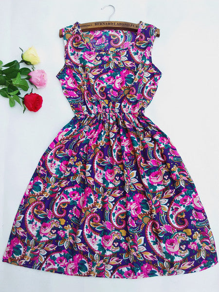 Brand Summer Women Casual Print Sleeveless Dress Chiffon stripe / floral print Elastic Waist Beach Dress
