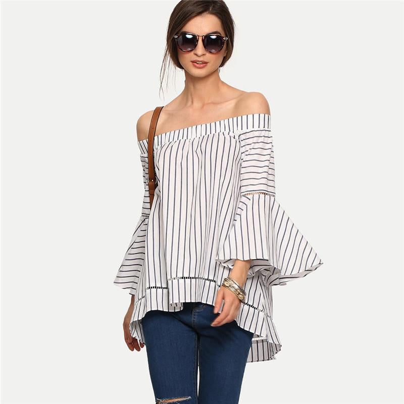 Women Off The Shoulder Striped Blouses Work Style Ladies Multicolor Flare Sleeve Blouse