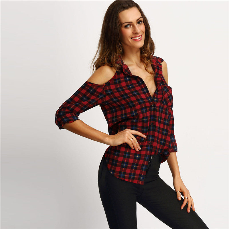 Open Shoulder Checked Woman Shirts Style Casual Women's Tops Lapel Long Sleeve Plaid Red Blouse