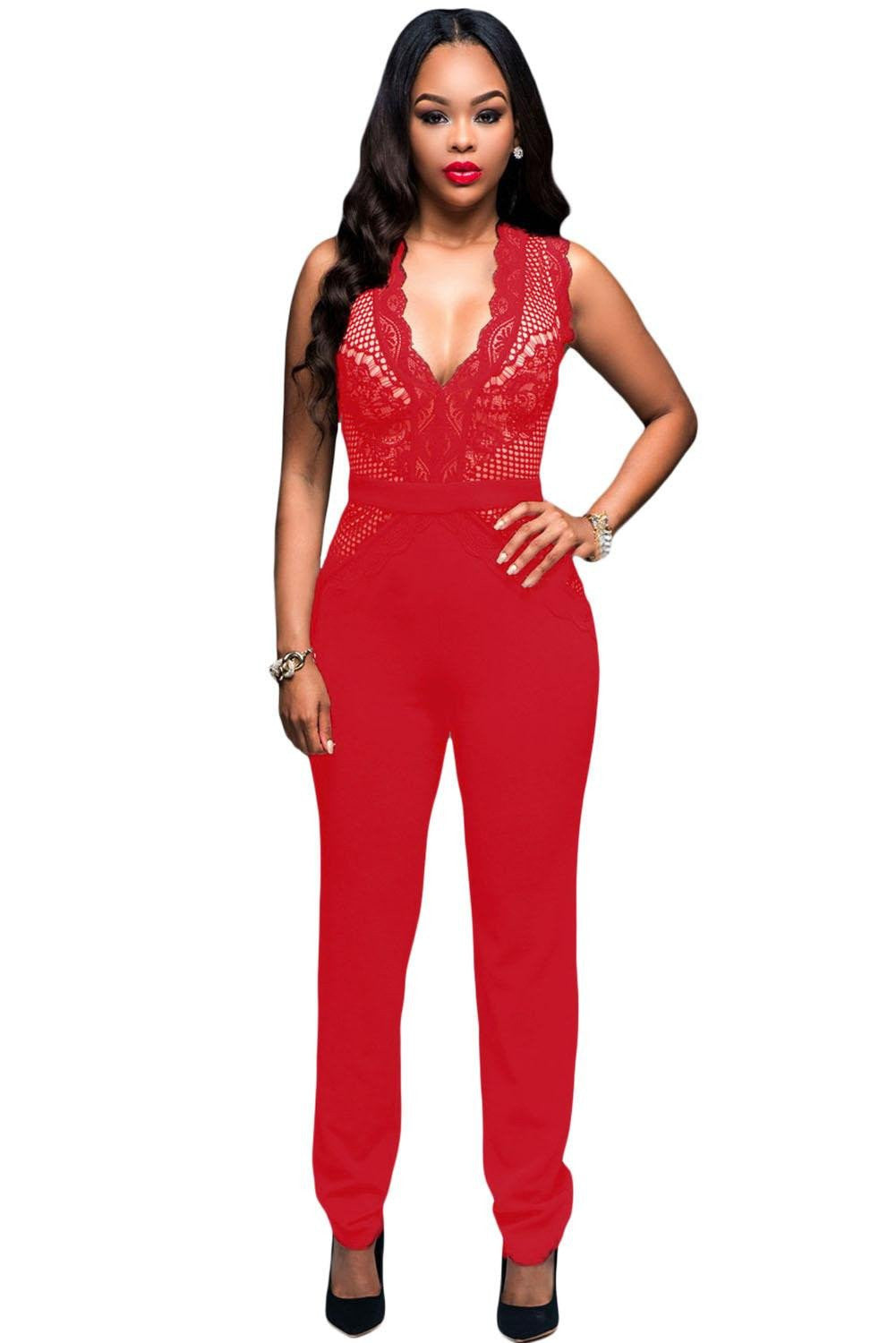 Black/red Nude Lace Accent Jumpsuit part overall for women romper