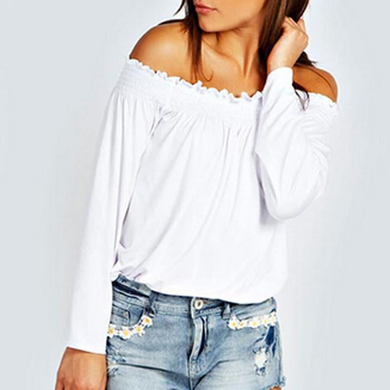Women Ladies Solid Shirred Off Shoulder Tops Casual Long Sleeve Blouse Shirt Plus Size