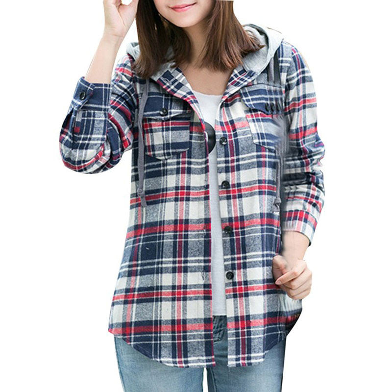 Plaid Hooded Casual Blouse Women Shirts Tops Full Sleeve Pockets Slim Cotton 2XL