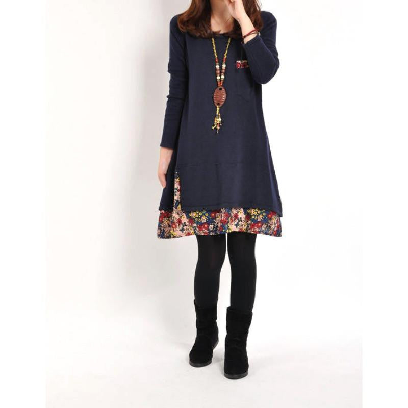 Women Floral Pieced Loose Casual Pullover Warm Skirt Dress Clothing LY7