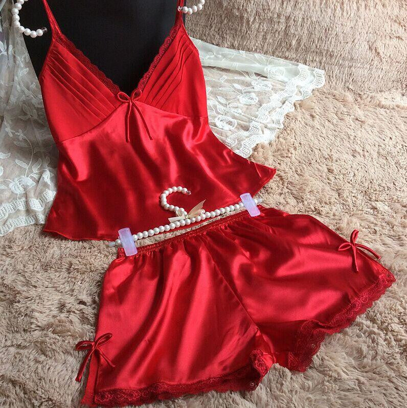 Style pajamas sets Women Female Sleep set Women's Deep V-neck Spaghetti Strap Shorts Sleepwear silk home wear