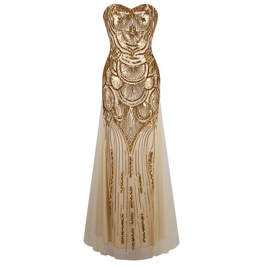 1920s Long Strapless Gold Off-Shoulder Dress Art Deco Gatsby Vintage V 1920s Long Strapless Gold Off-Shoulder Dress Art Deco Gatsby Vintage V