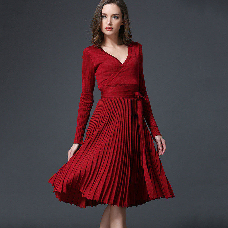 Online discount shop Australia - Autumn Women's Fashion Sweaters Dresses A-line Deep V Neck Belted Pleated Vintage Dress Long Sleeve Knitting Dress