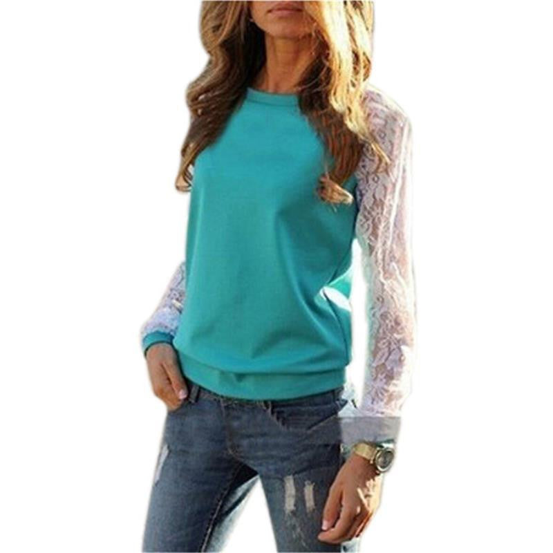 Women Plus Size O Neck Long Sleeve Lace Women Tops Shirts