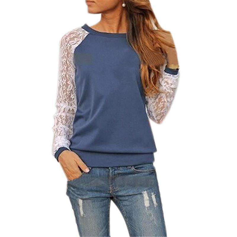 Women Plus Size O Neck Long Sleeve Lace Women Tops Shirts