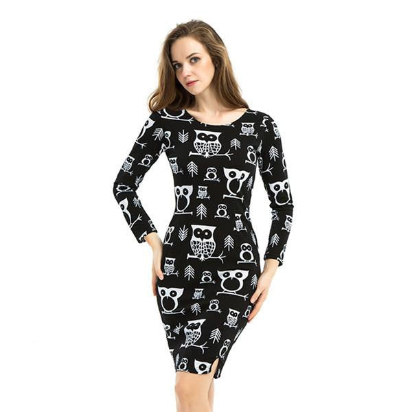 Womens Spring Dress Pattern Bodycon Party Dresses O-neck Long Sleeve Vintage Dress