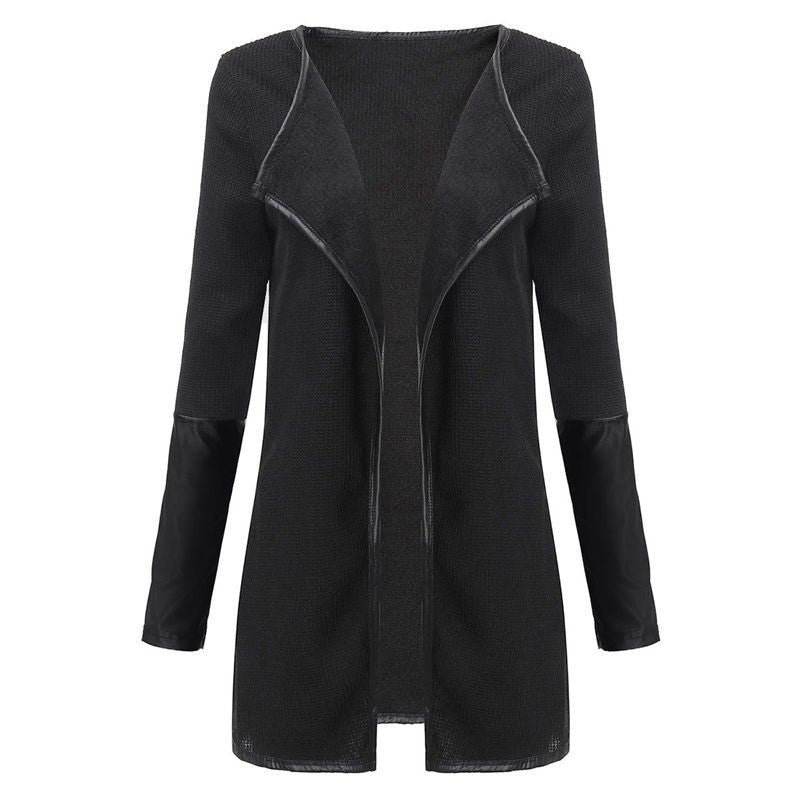Online discount shop Australia - Fashion Women Leather Long Sleeve Patchwork Cardigan Outerwear Slim Lapel Poncho Jacket Coat Black White Tops