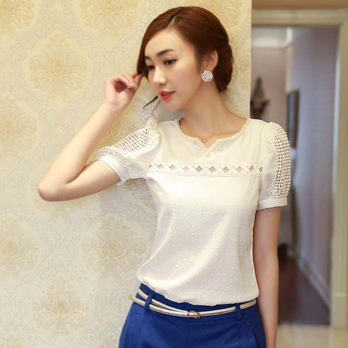 Online discount shop Australia - Lady Women Lace Short Sleeve Shirt V Neck Doll Chiffon Tops white