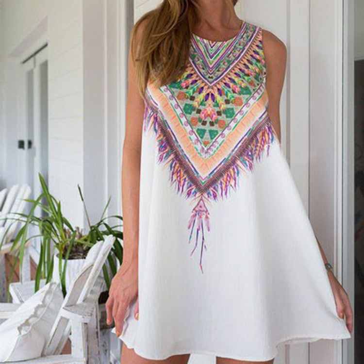 Online discount shop Australia - Bohemian women's dress loose sleeveless peach heart print dress sleeveless A-Beach Party Mini Dress