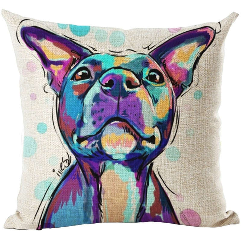 Pug Pop Dog Cushion Cover Decorative Throw Pillows Colorul French BullDog Watercolor Pattern Cotton Linen Cushion Bull Terrier