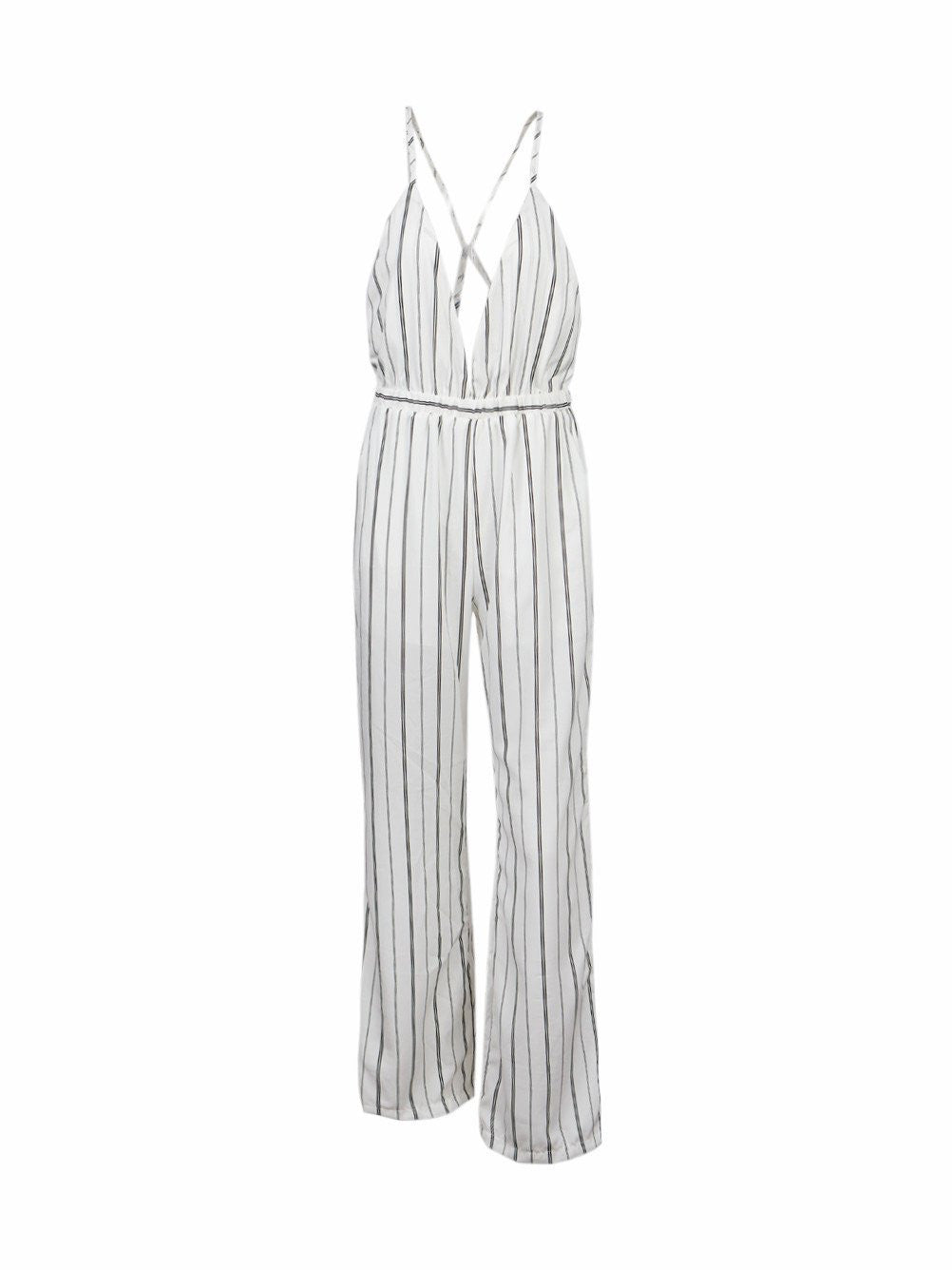 Strap Plunge Deep V Neck Backless Loose Vertical Striped Print White Wide Leg Jumpsuit Romper Casual Palazzo Pants