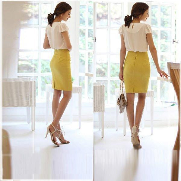 Women High Waist Fit Knee Length Straight Solid Stretch Business Pencil Skirt