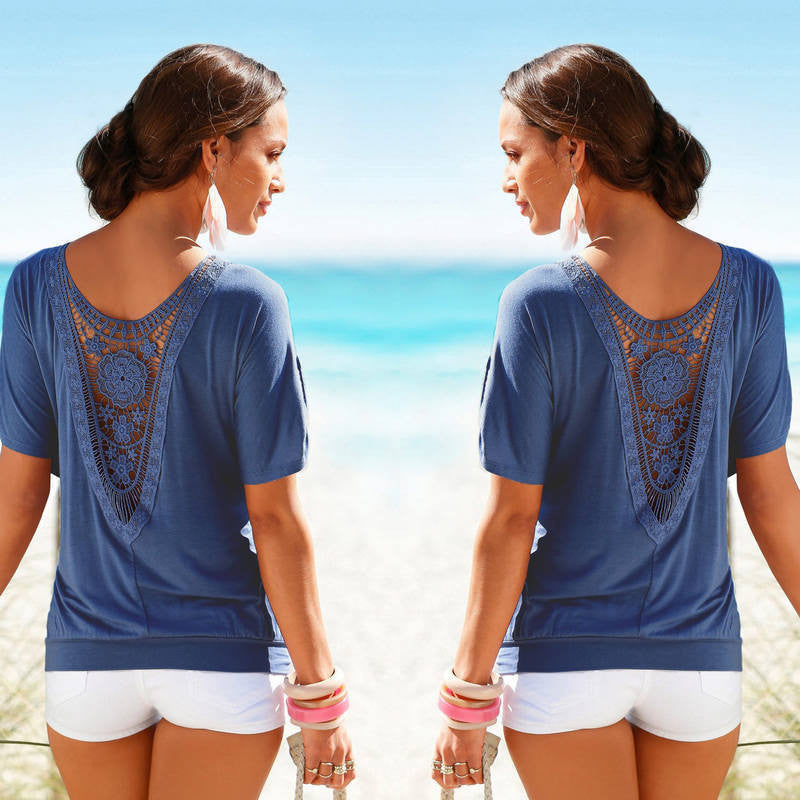 T shirts Women Lace Short Sleeve Casual Tops Fashion Hollow Womens Tops Shirt Plus Size
