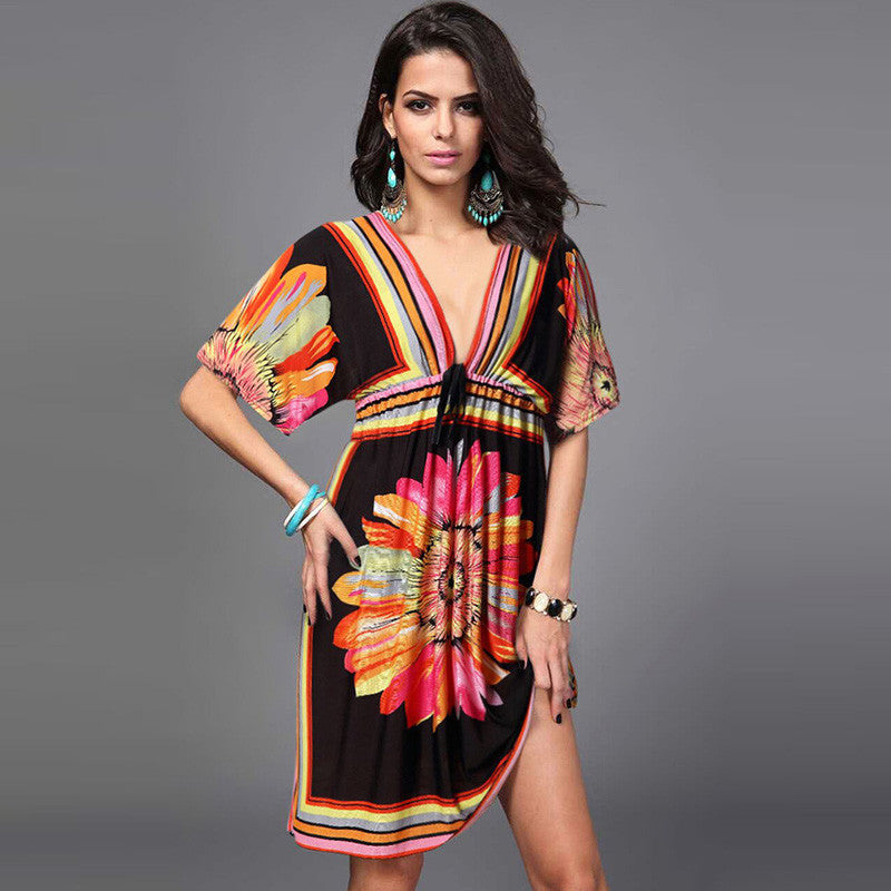 Online discount shop Australia - Boho Autumn Women Dress Sexy Loose Sundresses Deep V Ethnic Dashiki Print Tunic Beach Dresses Big Size 2XL Woman SunDress Robe