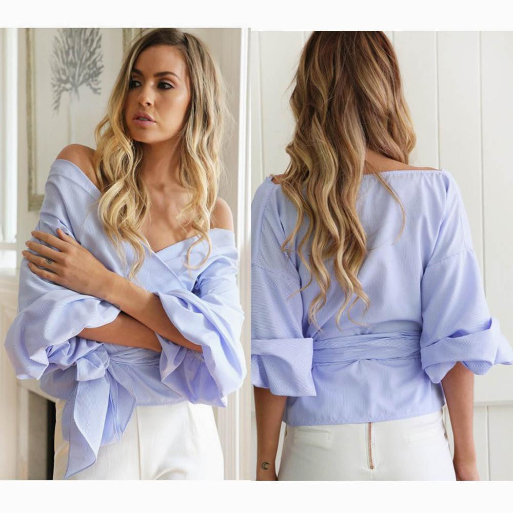 Online discount shop Australia - puff sleeve sexy off shoulder blouse  belted cross women's shirt work blouses plus size women clothes