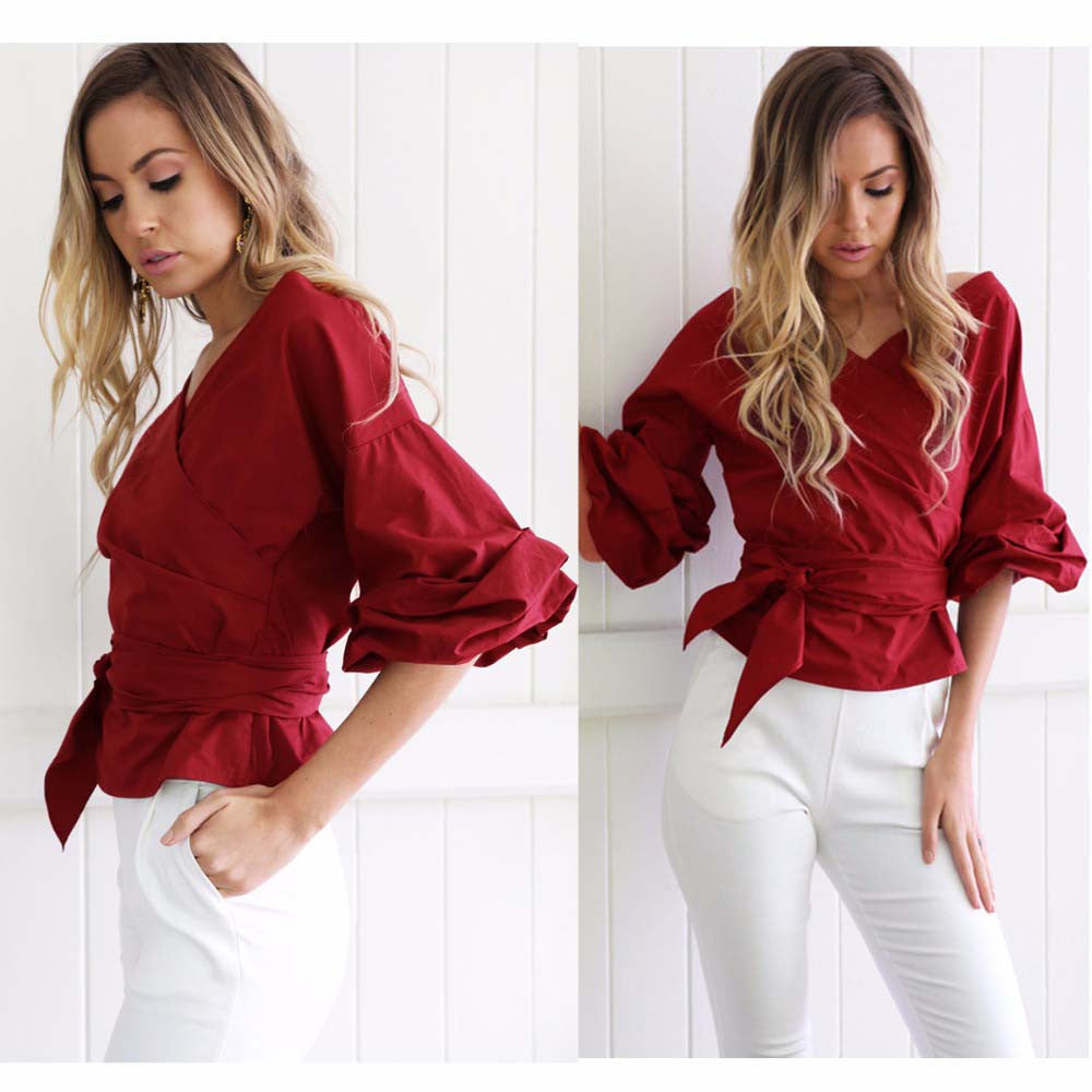 Online discount shop Australia - puff sleeve sexy off shoulder blouse  belted cross women's shirt work blouses plus size women clothes