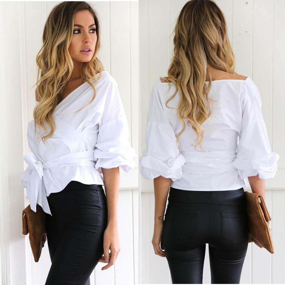 Online discount shop Australia - puff sleeve sexy off shoulder blouse  belted cross women's shirt work blouses plus size women clothes