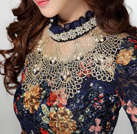 Women Fashion Lace Floral Patchwork Sweet Diamond beaded Stand Long Sleeve Slim Lace Shirt Blouse Casual Tops