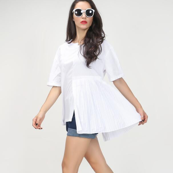 Online discount shop Australia - Asymmetrical pleating stitching short-sleeved women new