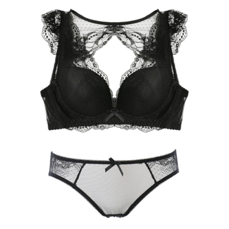 Online discount shop Australia - Hollow transparent lace sexy beauty shoulder lingerie gather wire free bra sets