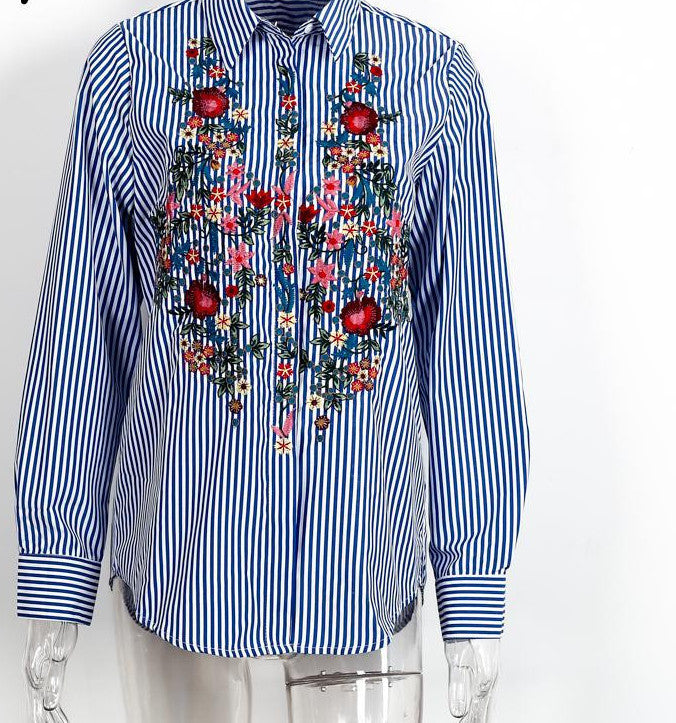 Online discount shop Australia - Casual blue striped shirt  cool long sleeve blouse women tops Embroidery female blouse shirt