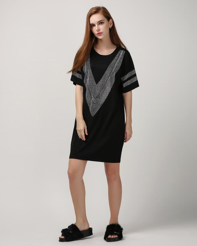 Online discount shop Australia - Autumn Long Sleeve Loose Dress Women V Figure Sparkling Diamond Black Color New Fashion Clothing